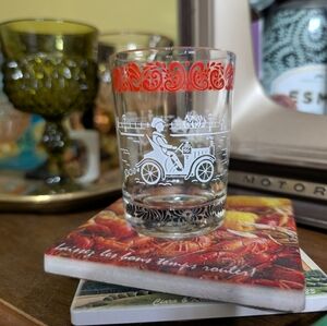 Vintage Hazel Atlas 3” Double Shot Glass Horse & Buggy/Auto Amish Juice Glass